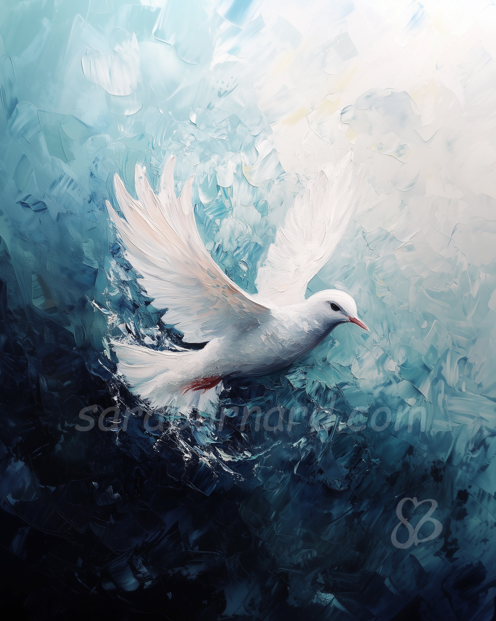 White dove flying against a textured blue and gray background