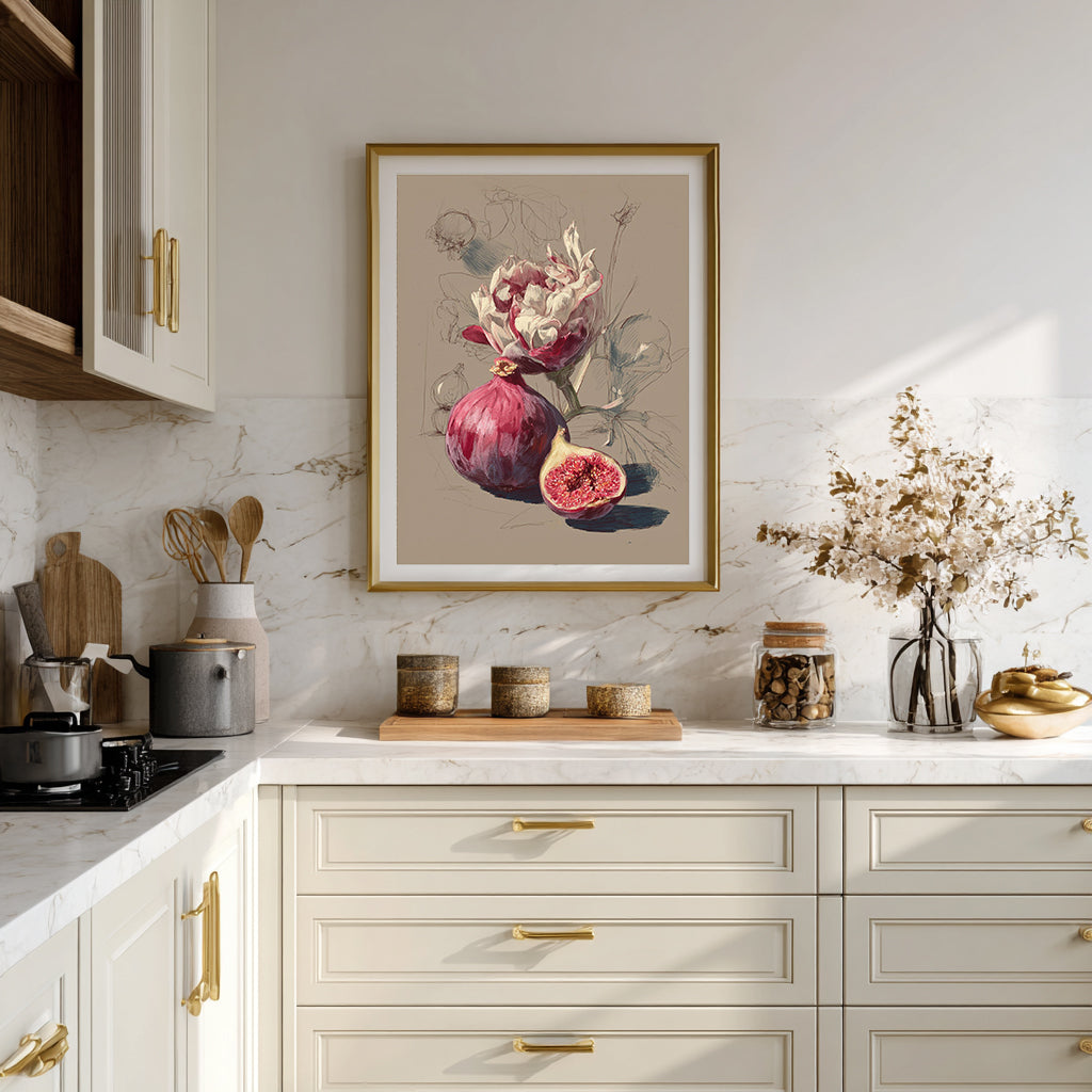 Modern kitchen with decorative floral artwork on the wall