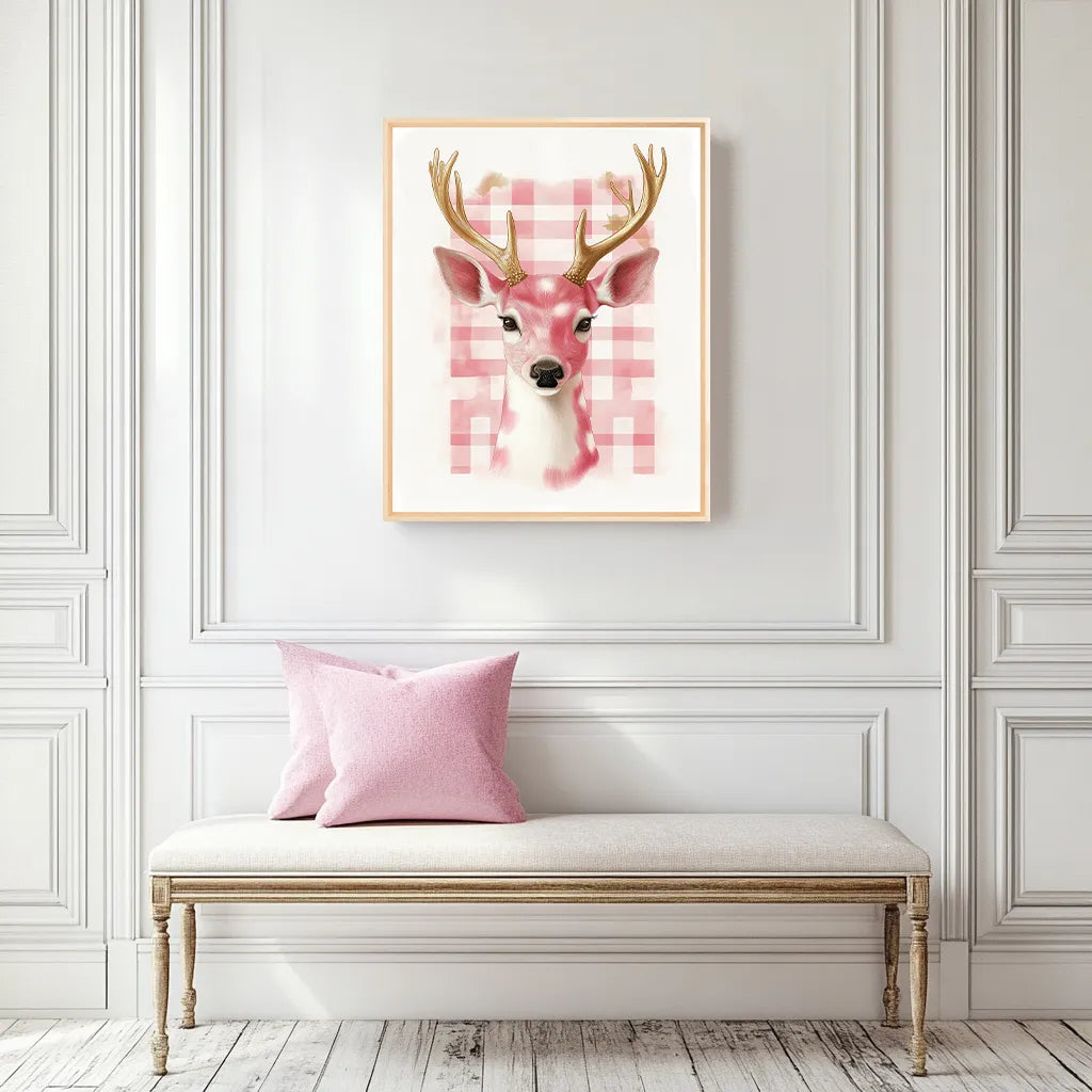 Framed artwork of a deer with pink checkered pattern on a wall above a bench with a pink pillow.