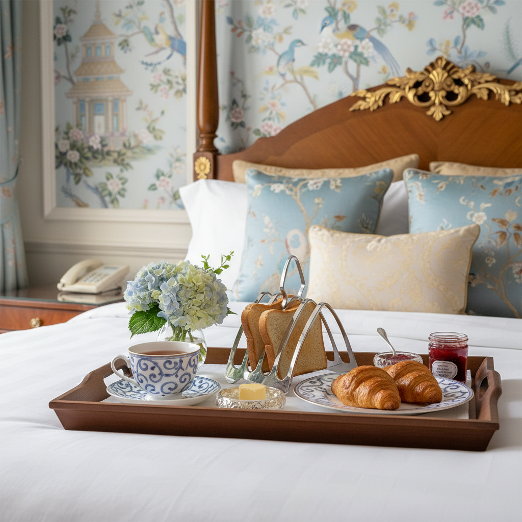 Breakfast tray with Cathedral style silver plate 5 bar toast rack, tea, croissants, and jam on a bed in a boutique hotel with decorative pillows and wallpaper.