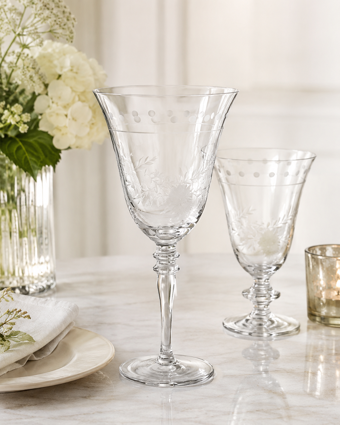 SET OF 4 GARDEN BLOSSOM ETCHED GLASS WINE GLASSES