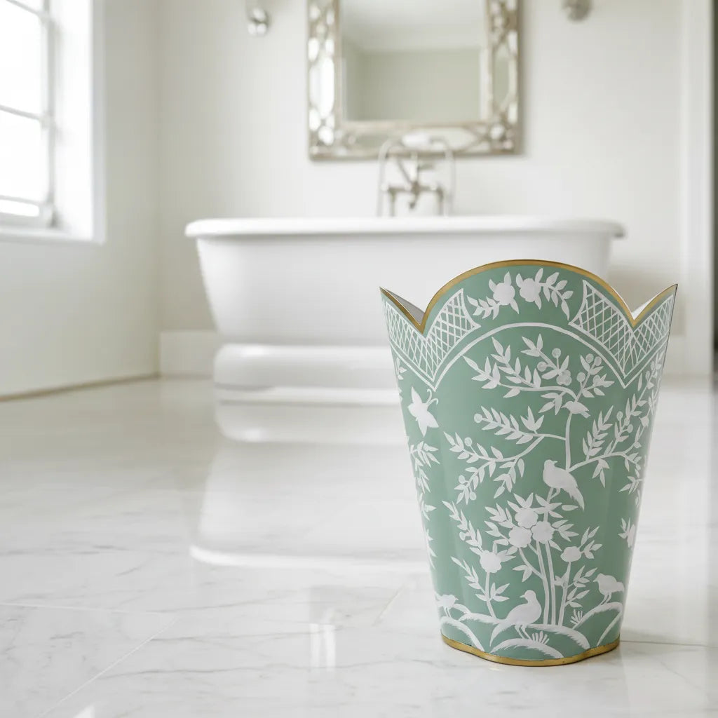 Decorative trash can with floral pattern in a bathroom setting