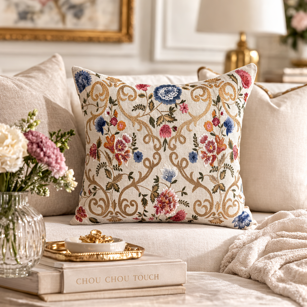Chantilly Embroidered Linen Pillow Cover, 18 x 18