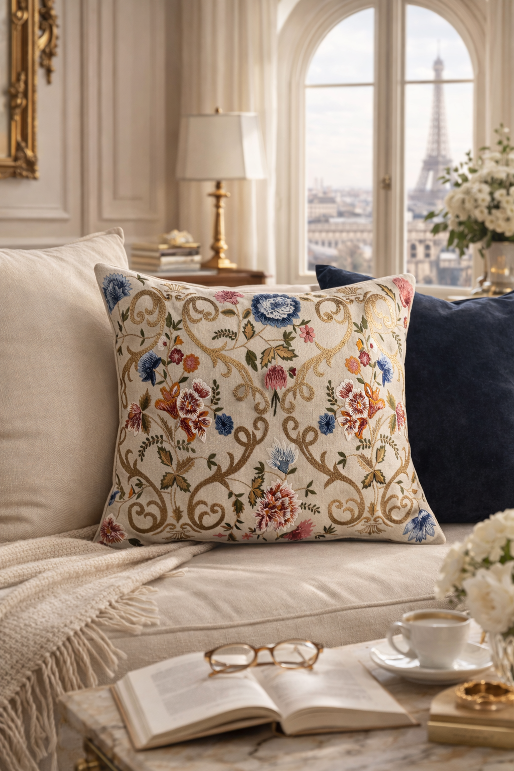Chantilly Embroidered Linen Pillow Cover, 18 x 18