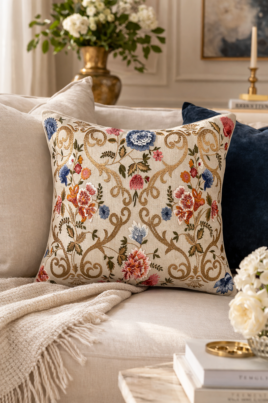 Chantilly Embroidered Linen Pillow Cover, 18 x 18