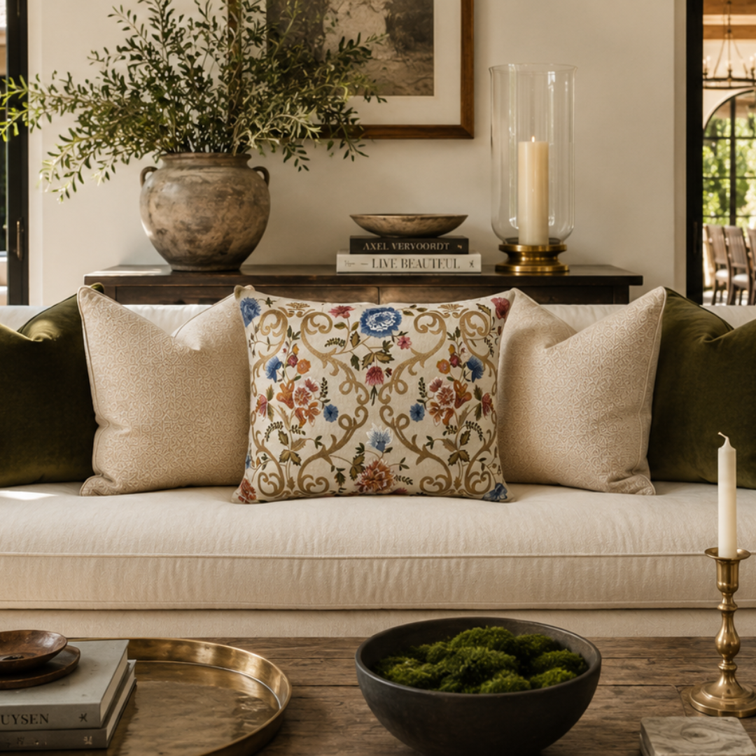 Chantilly Embroidered Linen Pillow Cover, 18 x 18