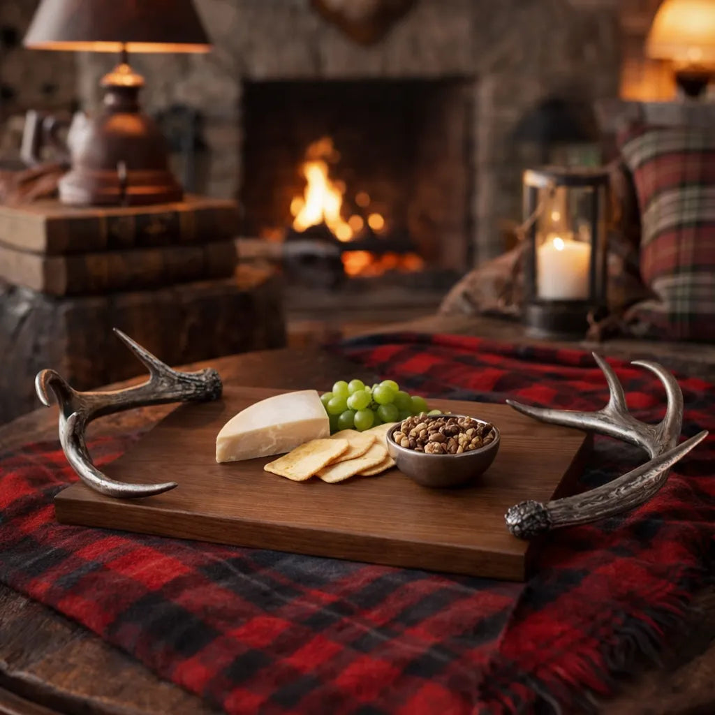 Lodge style wooden tray with pewter antler handles with cheese, crackers, and grapes in front of a fireplace