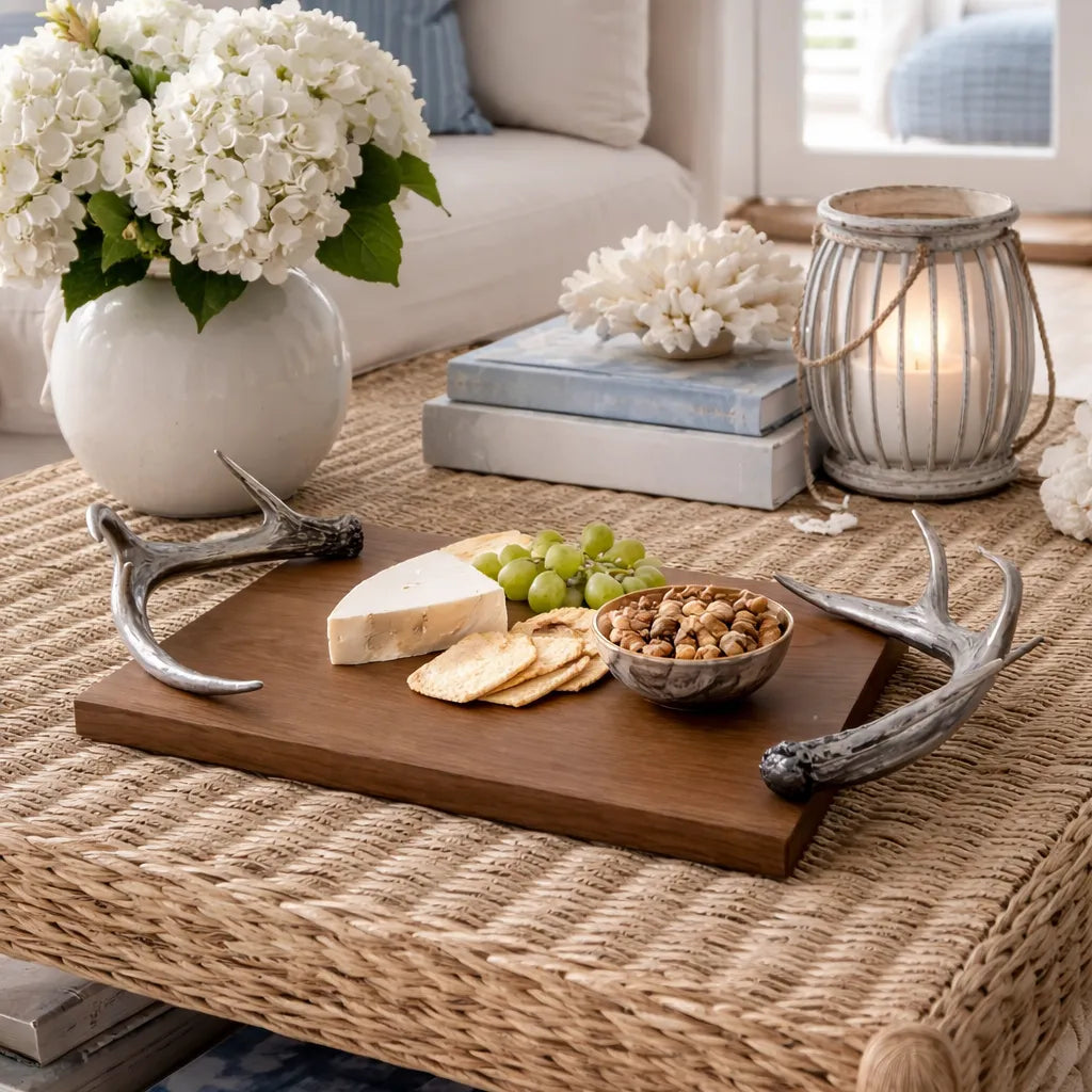 Decorative setting with a wooden tray with pewter antler handles holding cheese, crackers, and grapes, surrounded by decorative items on a textured surface.