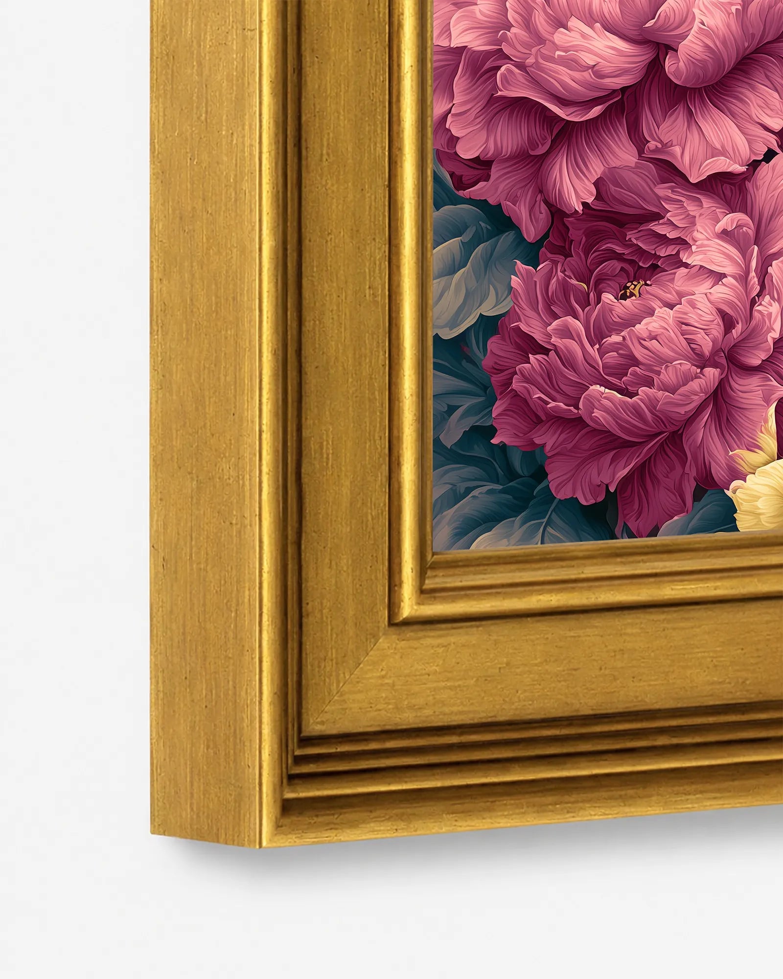 Close-up detail of the burnished antique gold wood frame used for Cheetah in Jewel Peonies framed wall art, showing the profile, finish, and craftsmanship.