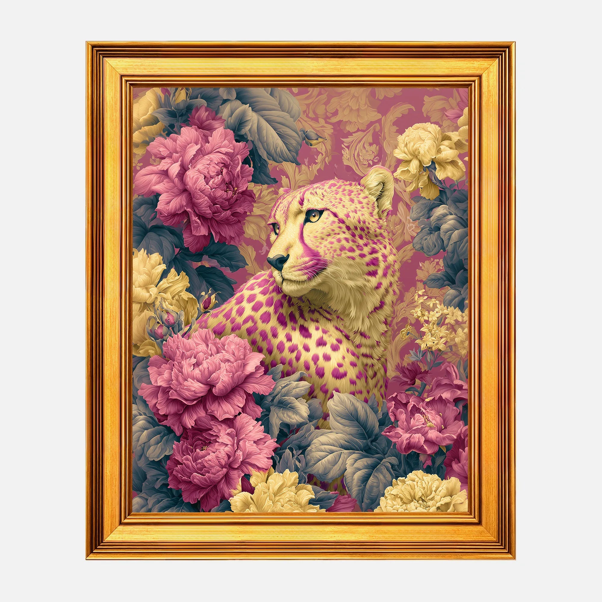 Cheetah in Jewel Peonies framed wall art in a burnished antique gold frame, 16 x 20 inch print size with 19.5 x 23.5 inch framed dimensions.