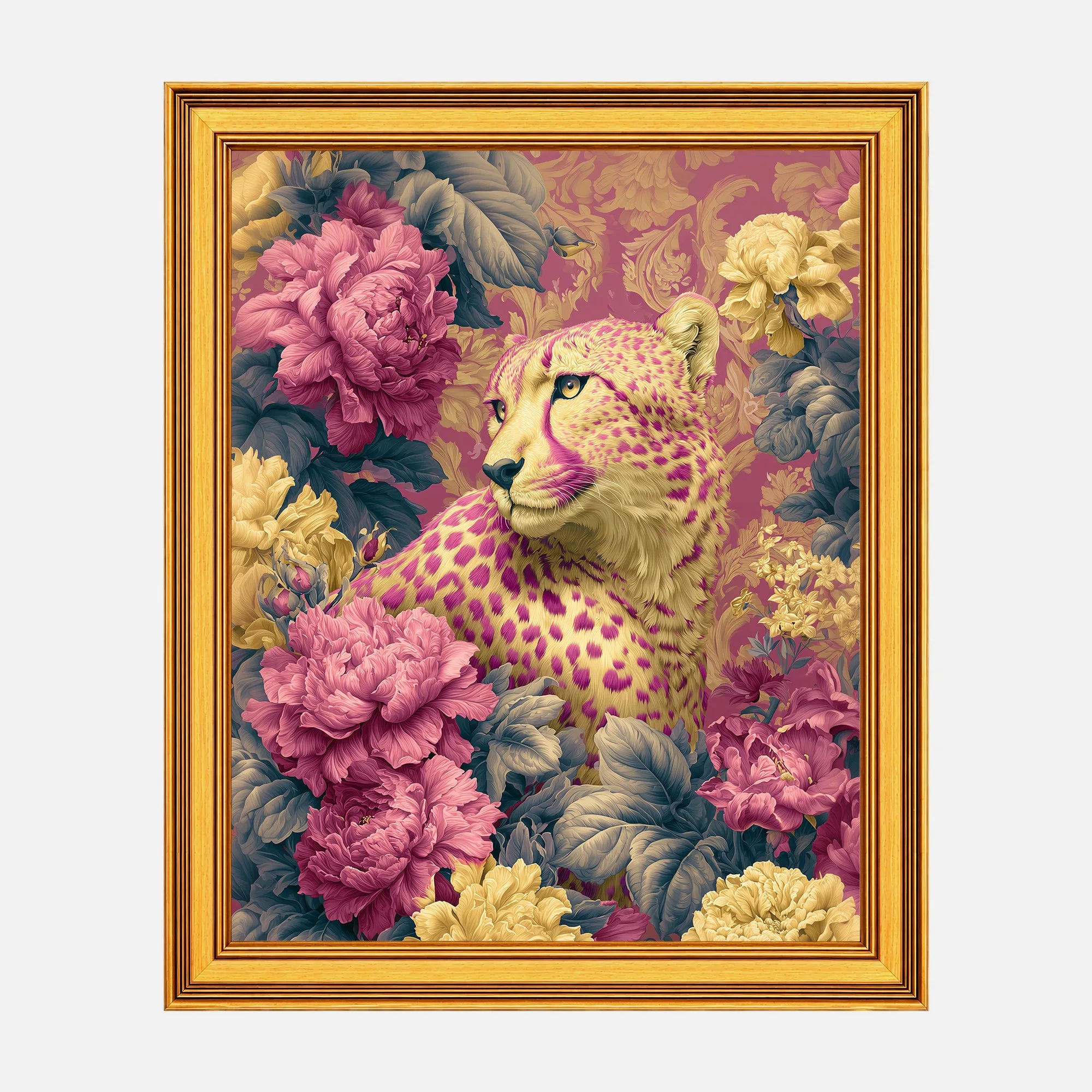 Cheetah in Jewel Peonies framed fine art print in a burnished antique gold frame, 20 x 25 inch print size with 23.5 x 28.5 inch framed dimensions.