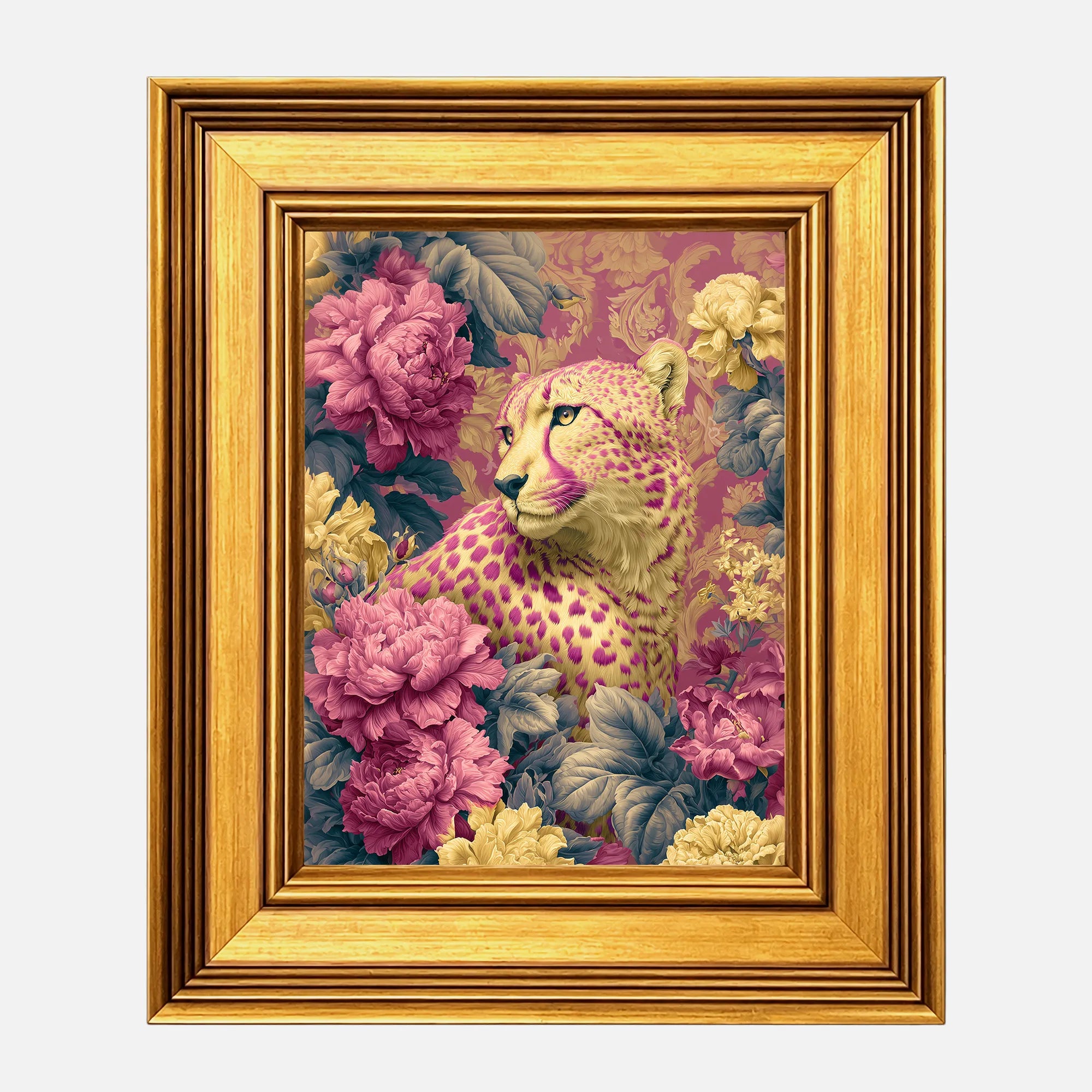 Cheetah in Jewel Peonies framed wall art in a burnished antique gold frame, 8 x 10 inch print size with 11.5 x 13.5 inch framed dimensions.