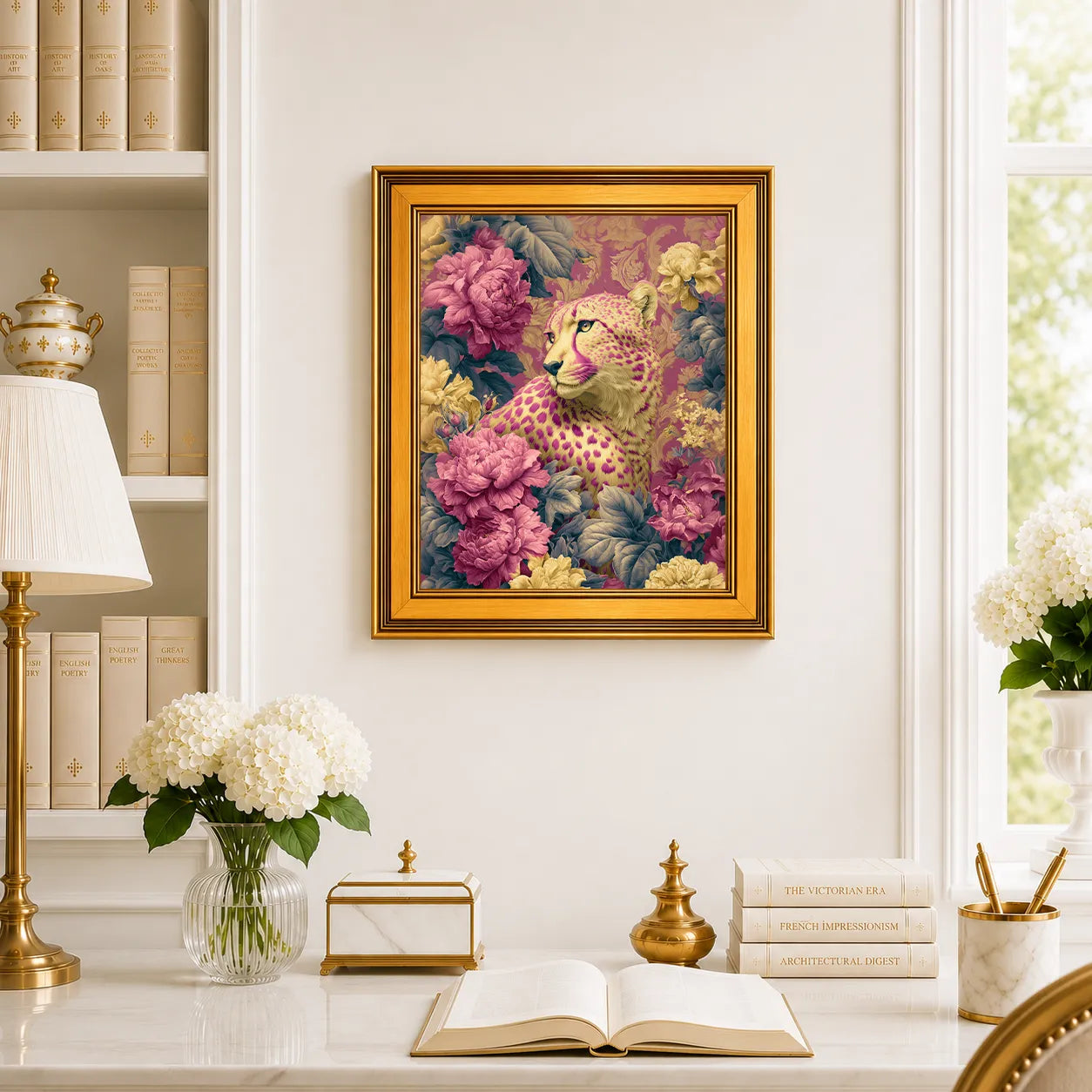 Cheetah in Jewel Peonies framed wall art displayed above a traditional desk with peonies, books, brass decor, and a burnished antique gold frame.