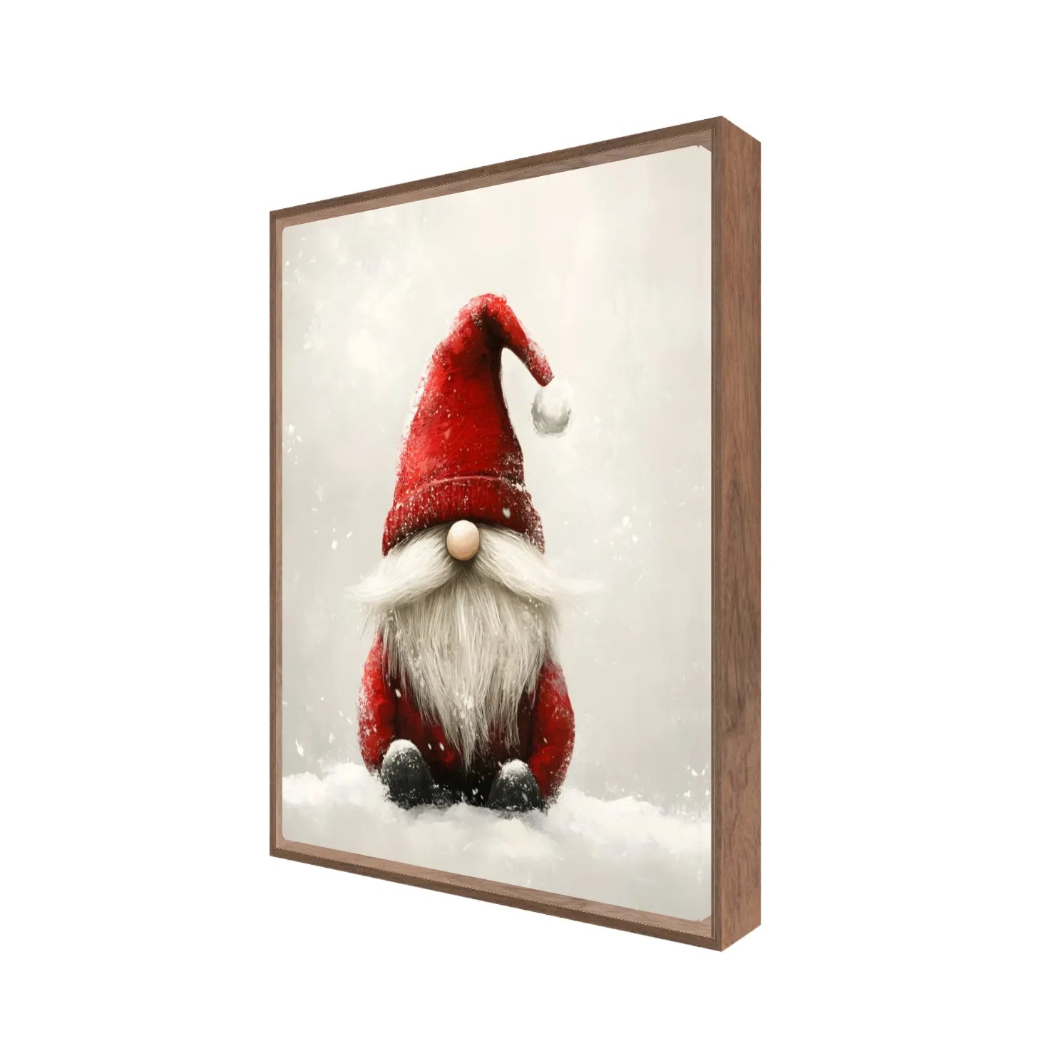 Side view of Christmas gnome wall art on satin canvas in walnut floating frame, red hat gnome sitting in snow with soft winter background, Scandinavian holiday décor artwork