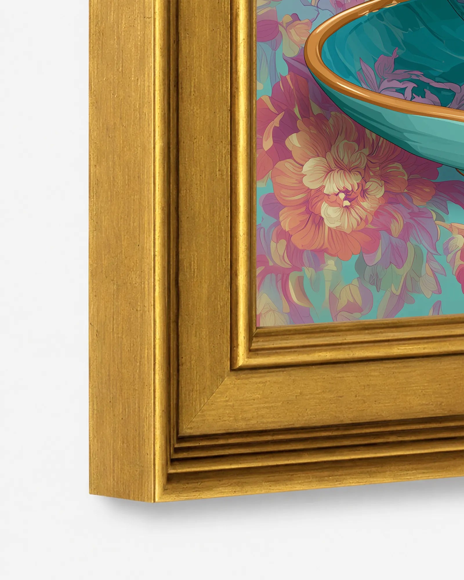 Close-up detail of the burnished antique gold wood frame used for Coral Peony in Aqua Teacup framed wall art, showing the profile, finish, and craftsmanship.