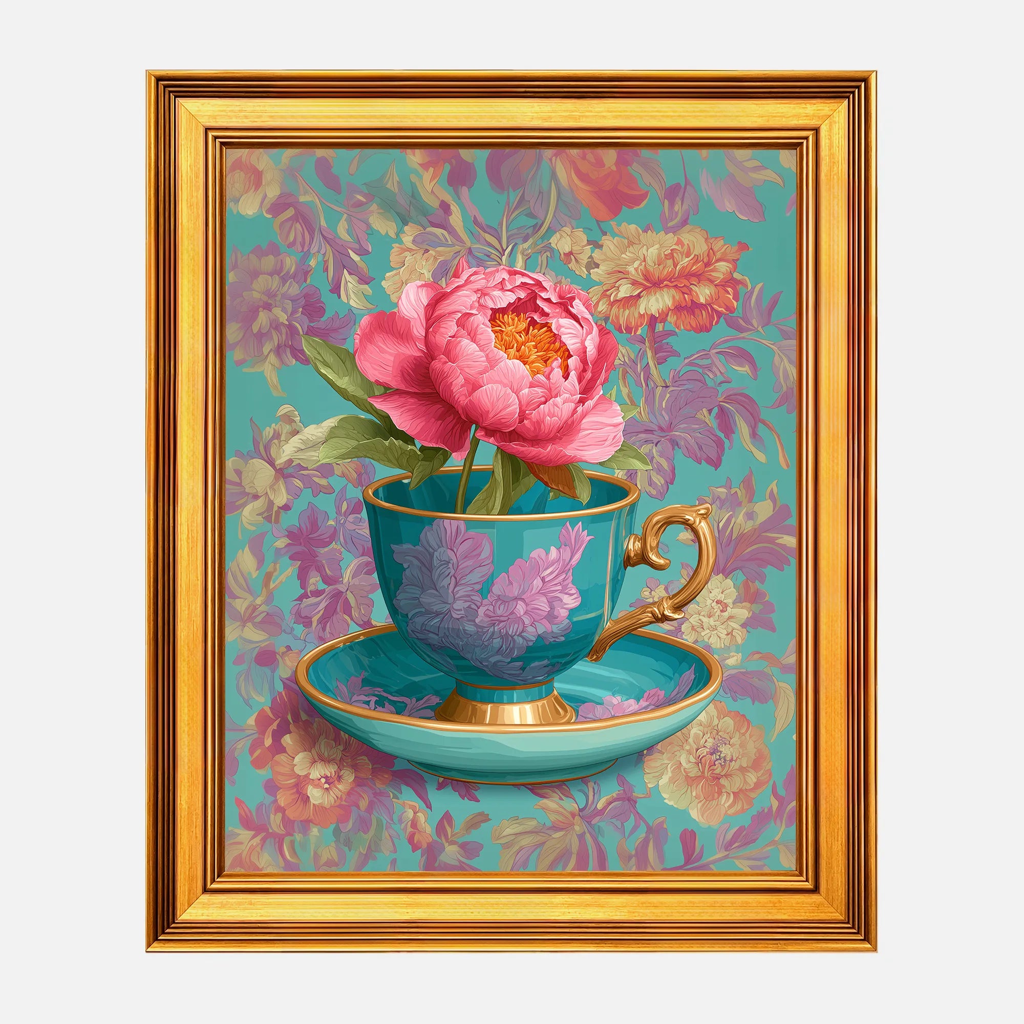 Coral Peony in Aqua Teacup framed wall art in a burnished antique gold frame, 16 x 20 inch print size with 19.5 x 23.5 inch framed dimensions.