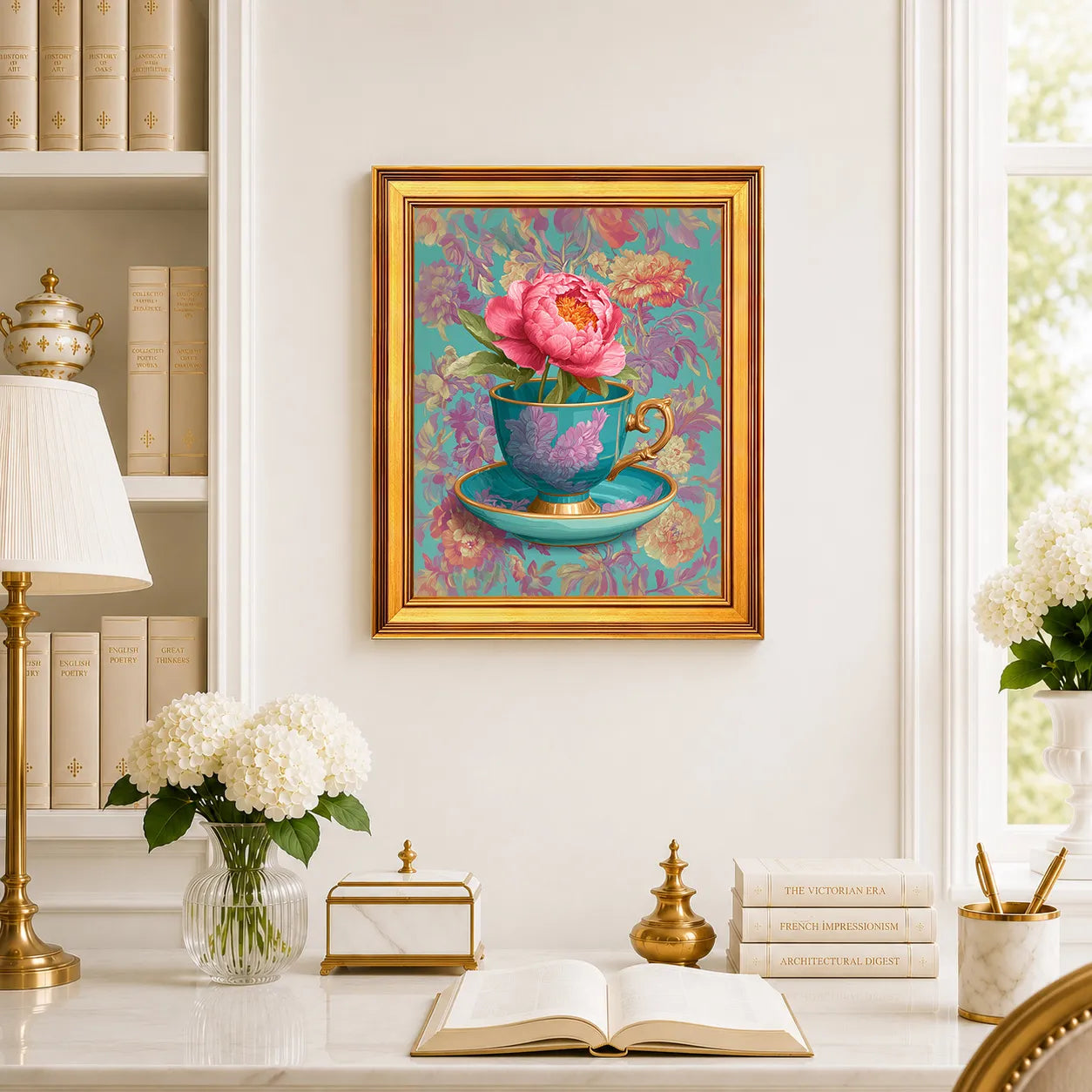 Coral Peony in Aqua Teacup framed wall art displayed above a traditional desk with peonies, books, brass decor, and a burnished antique gold frame.