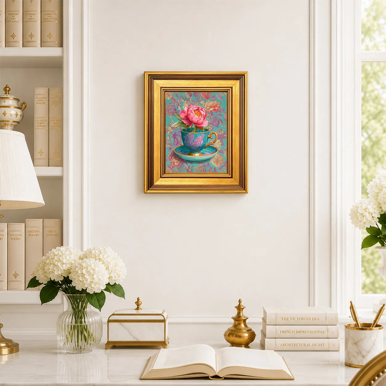 Small Coral Peony in Aqua Teacup framed wall art displayed in an elegant traditional study with antique books, peonies, brass accents, and a burnished antique gold frame.