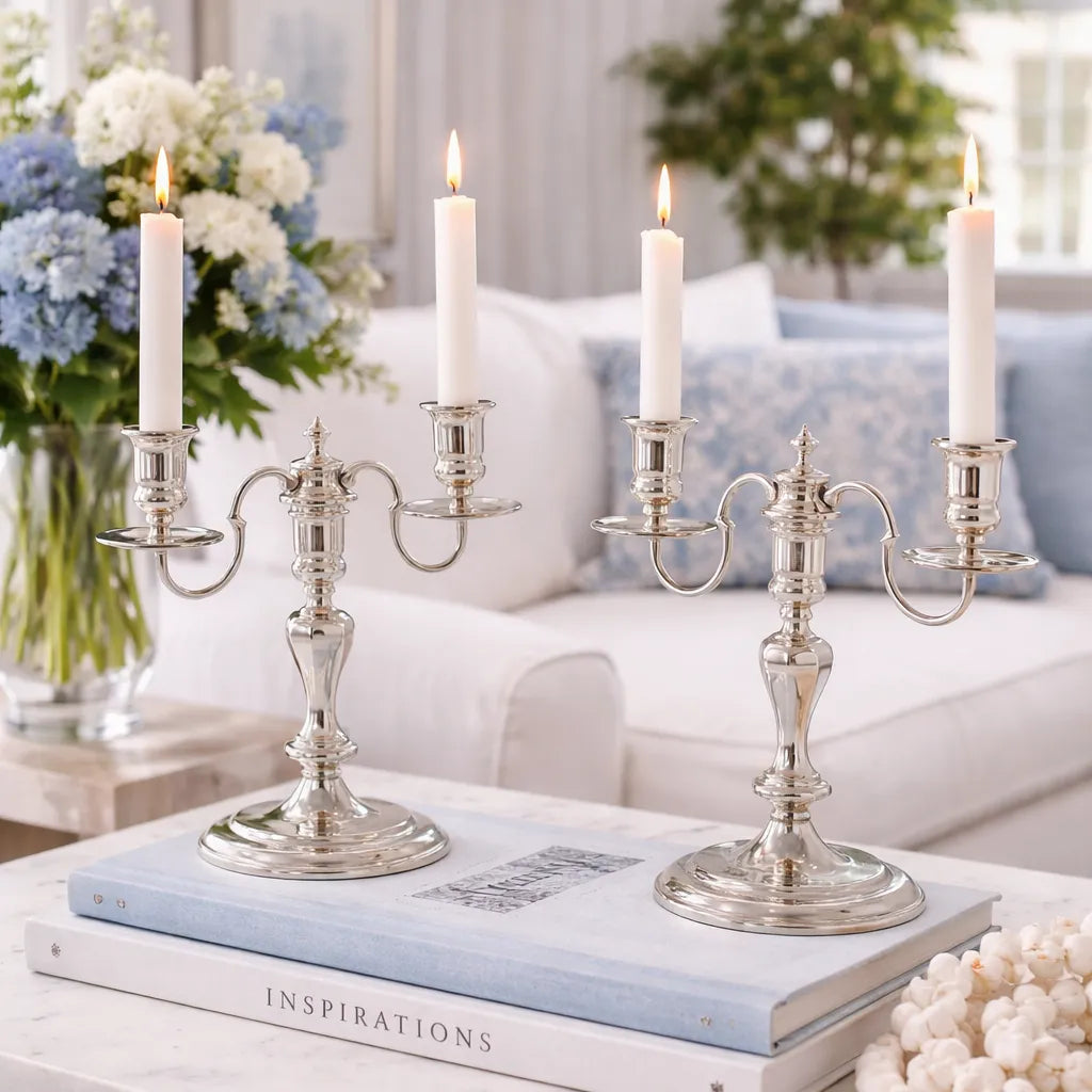 Corbell Antique English Silver Plate Candelabra Pair – 2 Light, c.1890 with lit candles on a book in a coastal styled living room setting