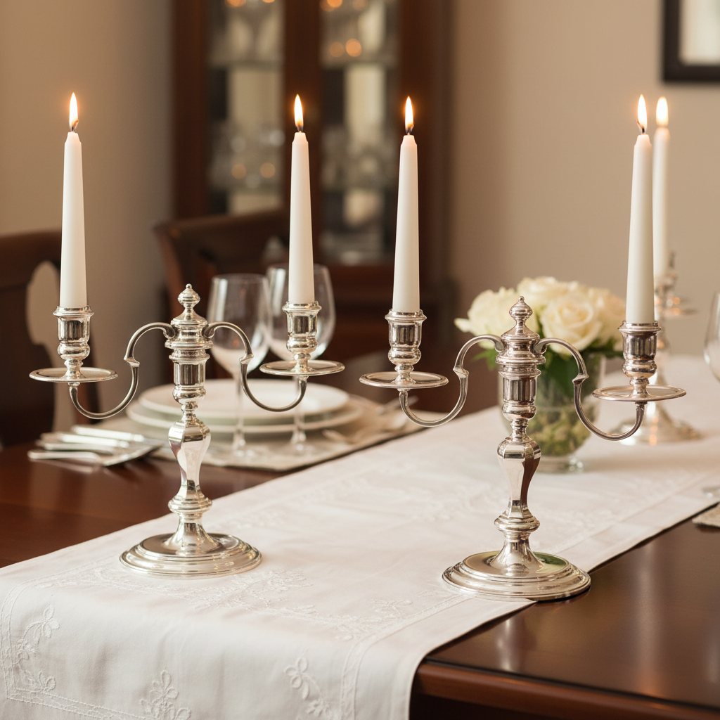 Corbell Antique English Silver Plate Candelabra Pair – 2 Light, c.1890 with lit candles on a dining table with a white tablecloth.