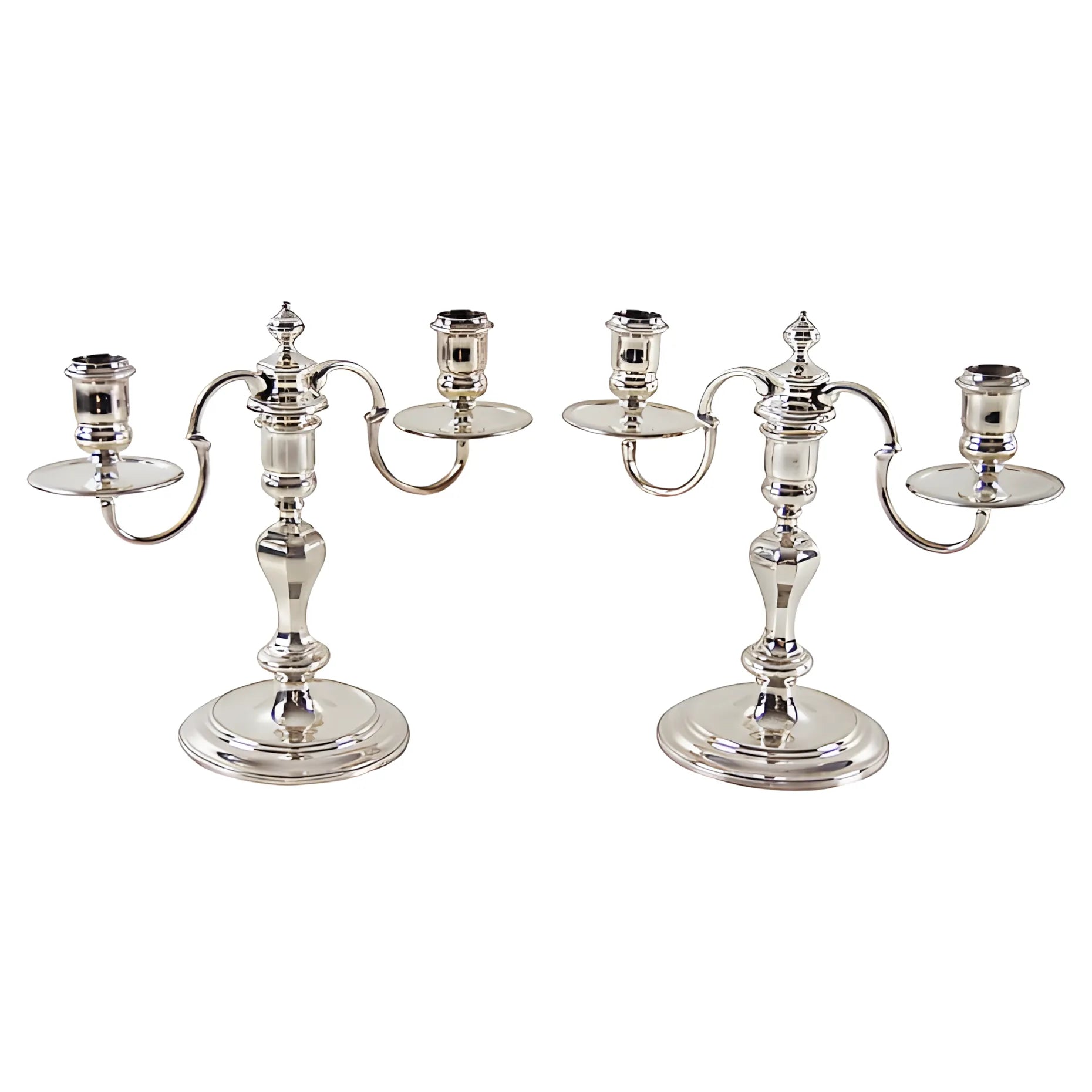 Corbell Antique English Silver Plate Candelabra Pair – 2 Light, c.1890 on a white background