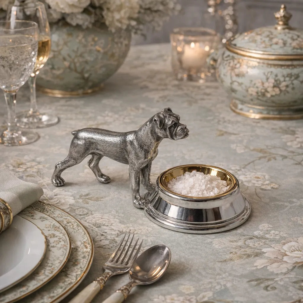 Decorative silver-plated salt cellar shaped like a Boxer dog on a table setting with plates, glasses, and silverware.
