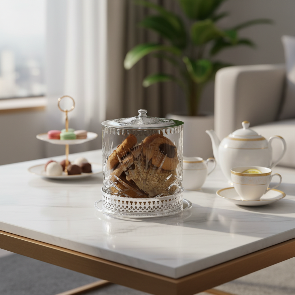 A coffee table with Corbell Crystal & Silver Plate Cookie Jar Leaf Design with silver plate lid and base containing cookies, a tea service and cake stand