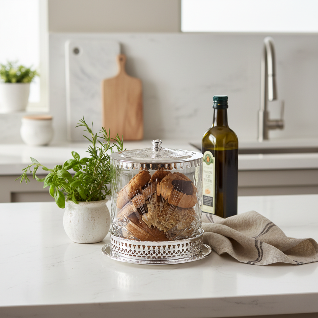 Corbell Crystal & Silver Plate Cookie Jar Leaf Design with silver plate lid and base containing cookies on a kitchen counter with a bottle of olive oil and a plant in the background.