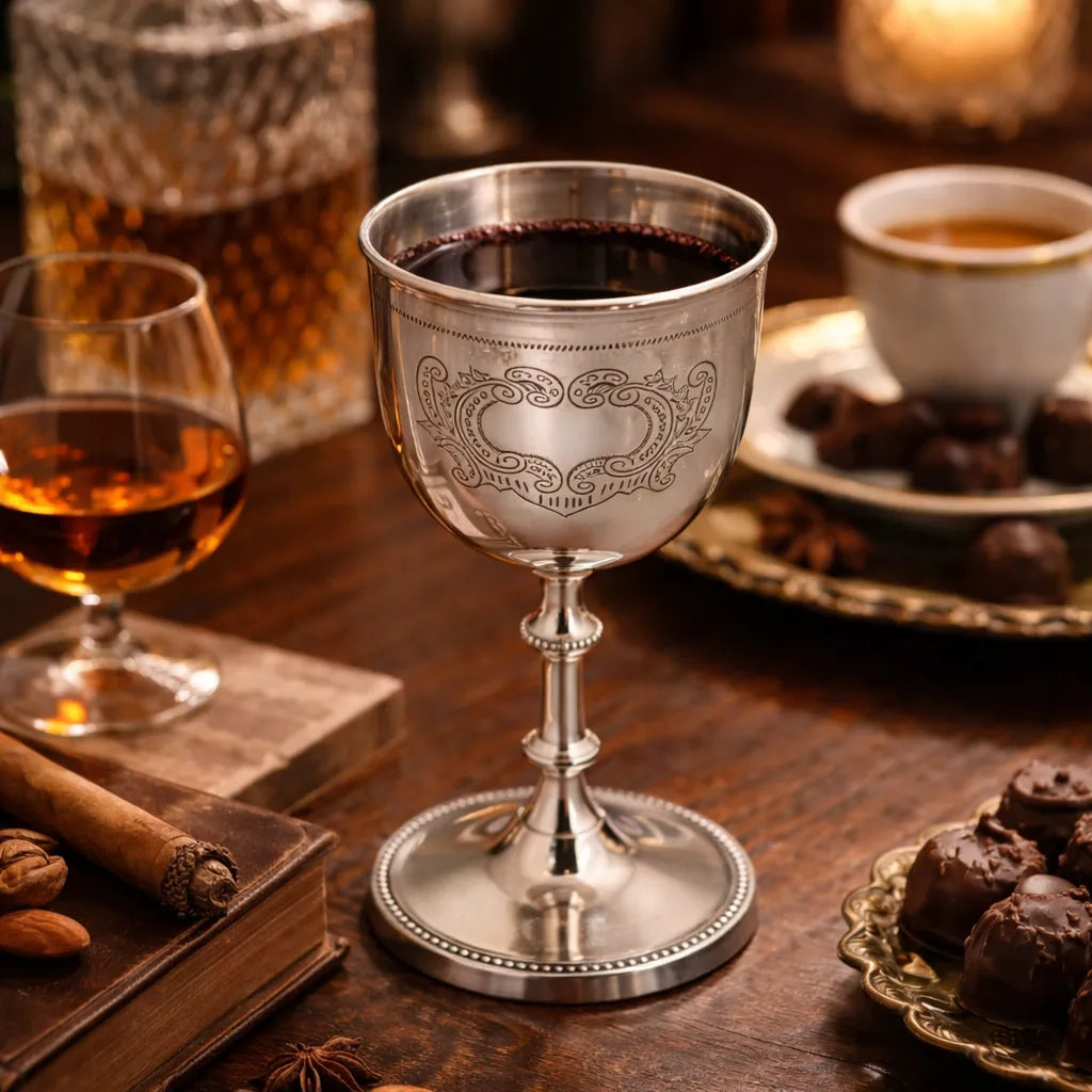 Silver plated chalice goblet with port wine on a wooden table with other drinks and snacks.