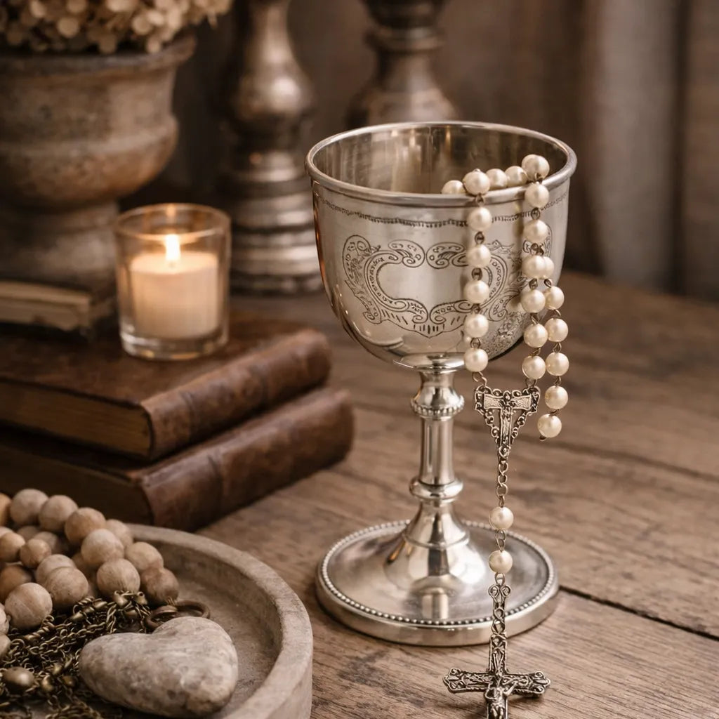 Silver plated chalice goblet with a rosary on a wooden surface with books and a candle.