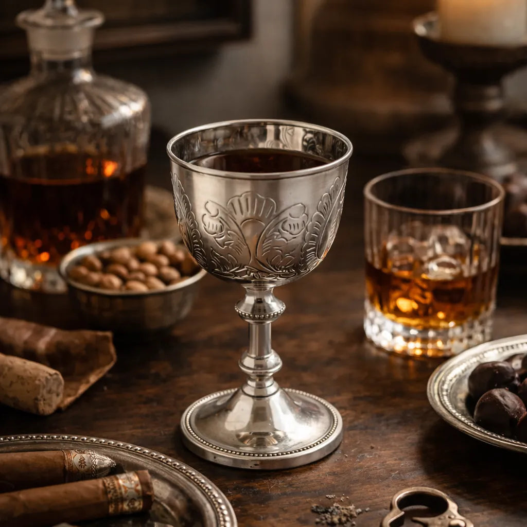 Silver plated chalice goblet with intricate designs on a wooden table with alcohol and snacks.