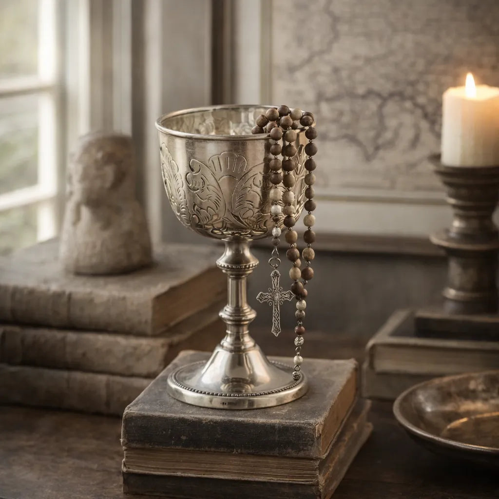 Silver plated chalice goblet with engraved details on a stack of books, accompanied by a rosary and candle.