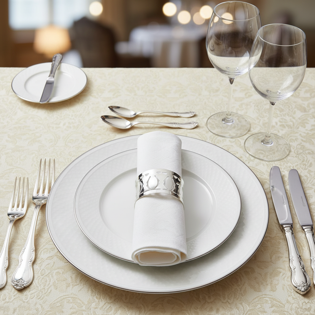 Elegant table setting with napkin and silver-plated cameo napkin ring, plates, silverware, and glasses on a patterned tablecloth.