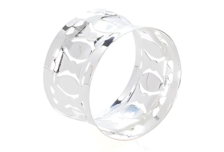 Silver plated cameo napkin ring with intricate cut-out design on a white background