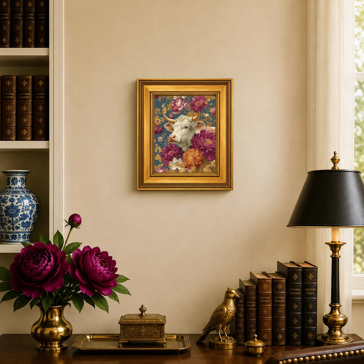 Small Cow in Jewel Peonies framed farmhouse wall art displayed in an elegant traditional study with antique books, peonies, brass accents, and a burnished antique gold frame.
