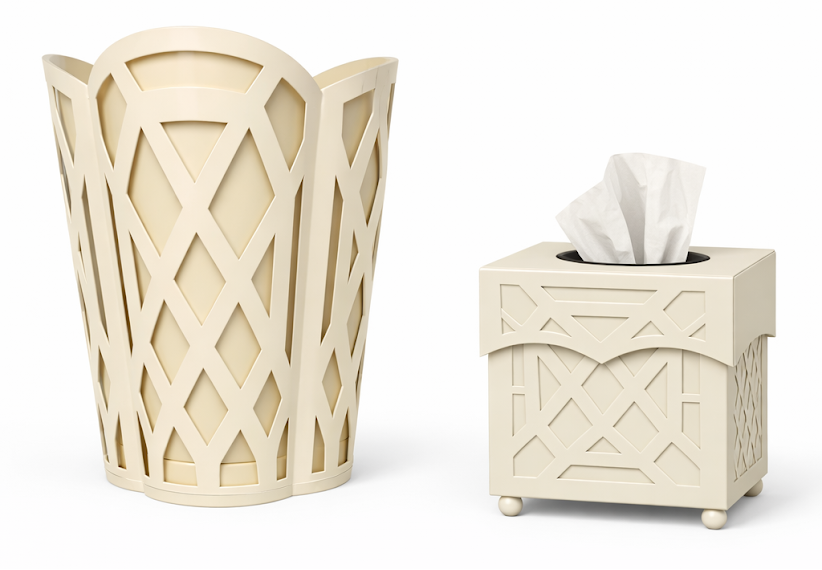 Beige geometric trash can and tissue holder on a white background