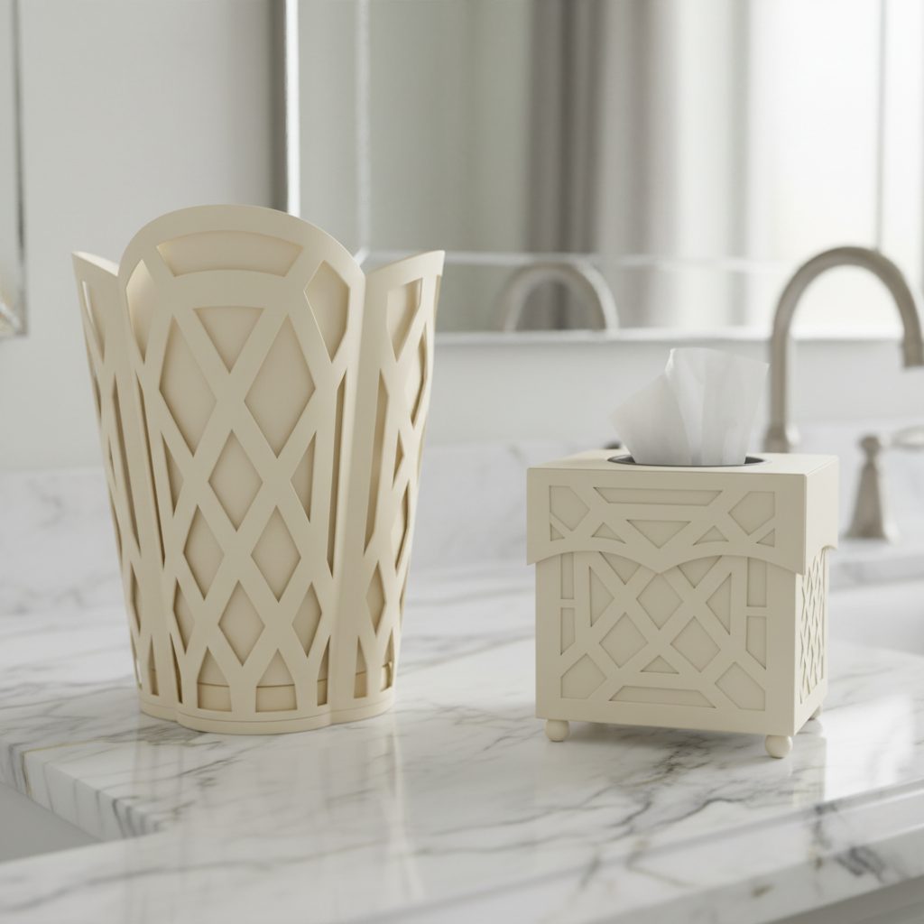 Cream Chippendale Wastepaper Basket and Tissue holder on a marble surface