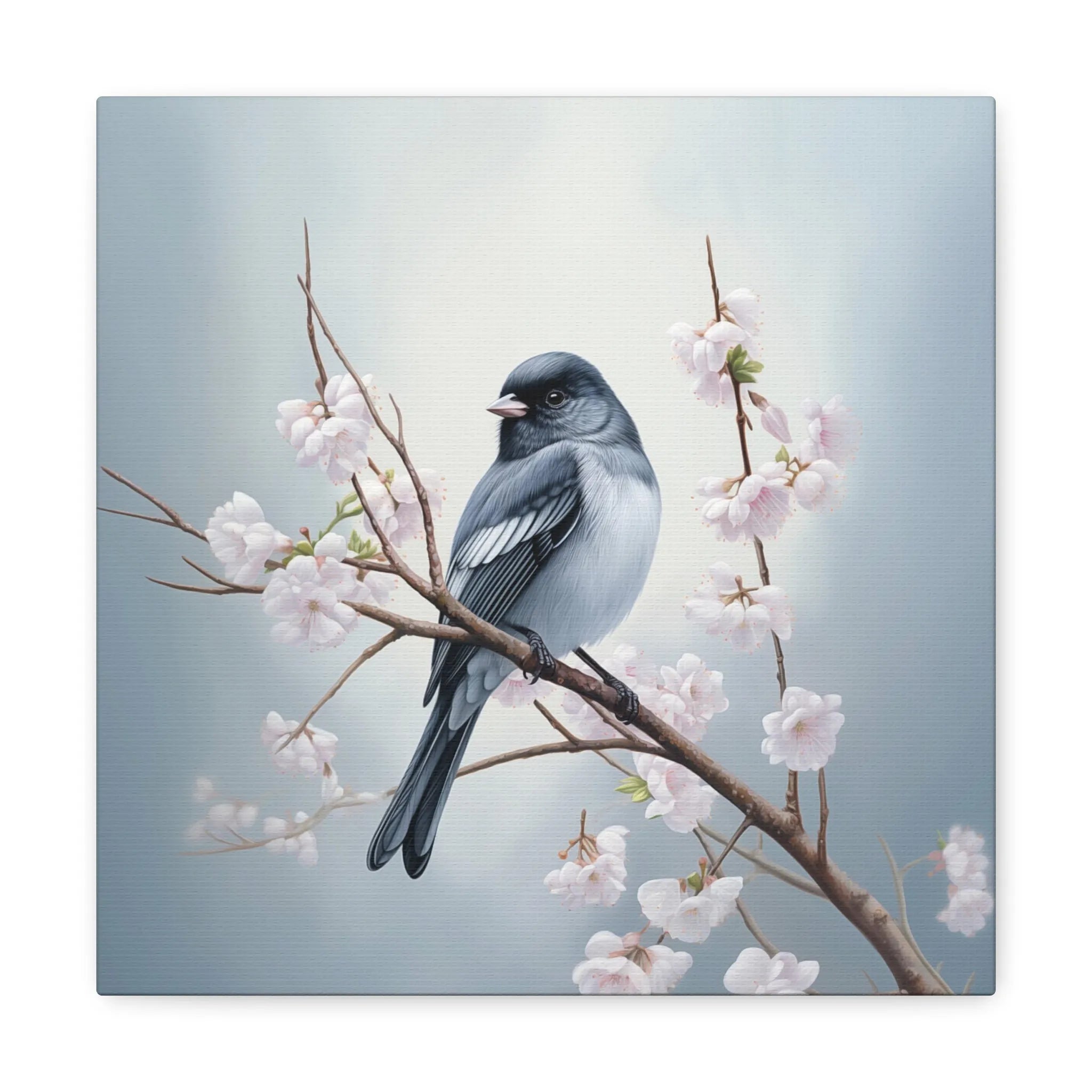 Bird perched on a branch with cherry blossoms against a light blue background