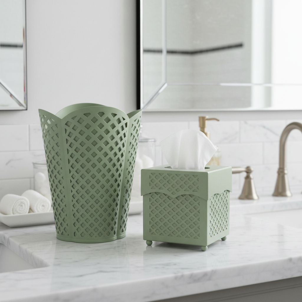 Dark Celadon lattice trash can and tissue box on a bathroom counter.