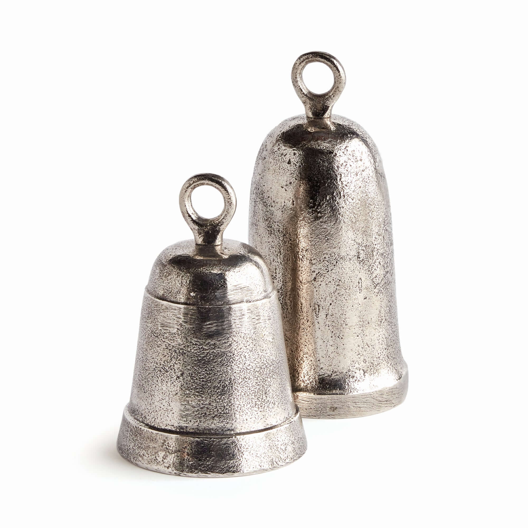 Two metallic cowbells on a white background