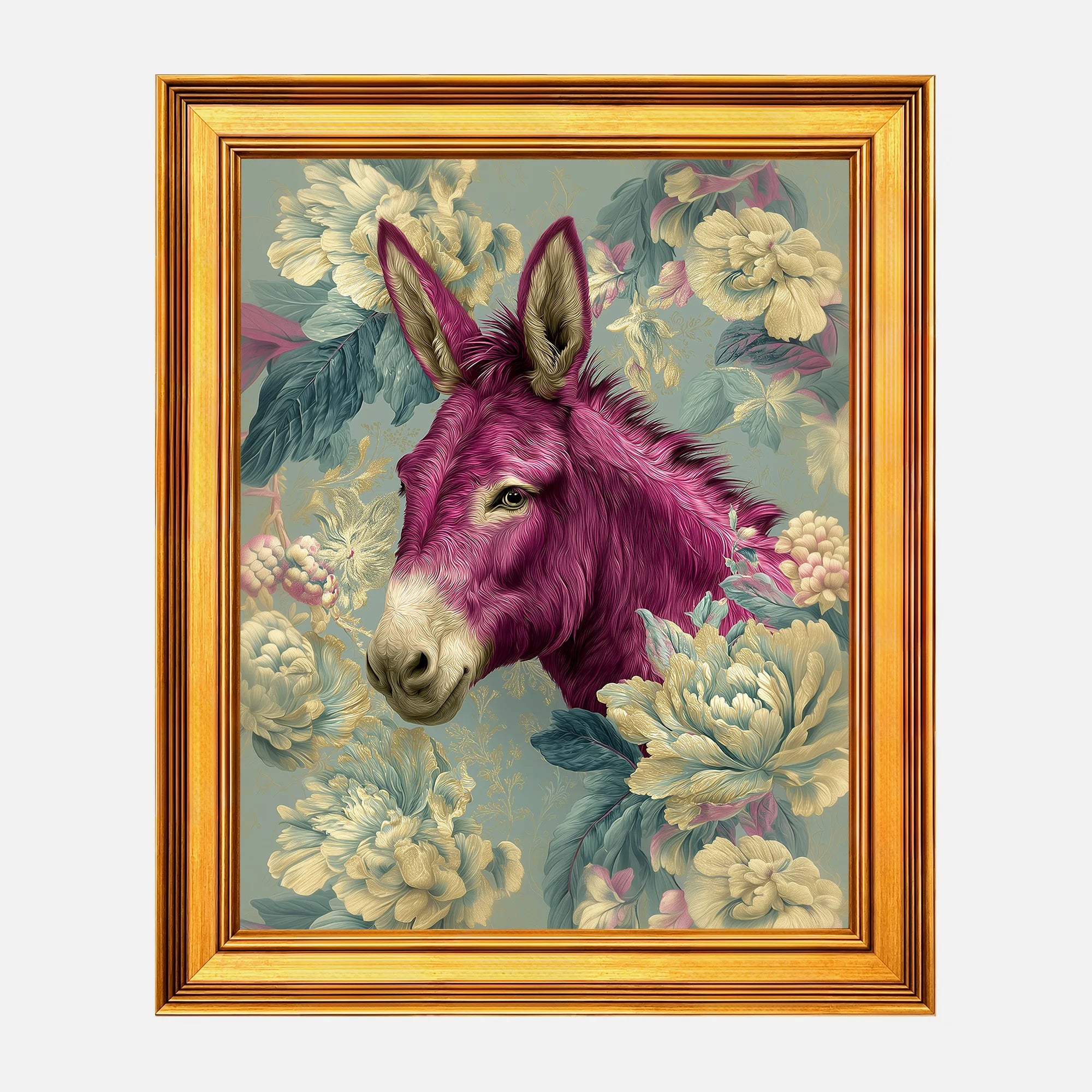 Donkey in Aqua Peonies framed wall art in a burnished antique gold frame, 16 x 20 inch print size with 19.5 x 23.5 inch framed dimensions.
