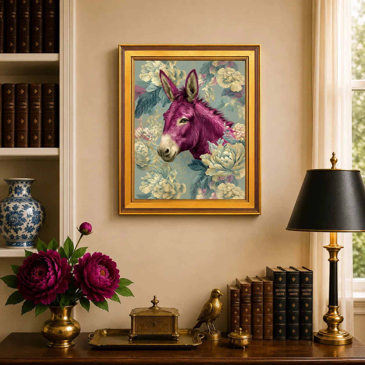 Donkey in Aqua Peonies framed wall art displayed above a traditional desk with peonies, books, brass decor, and a burnished antique gold frame.