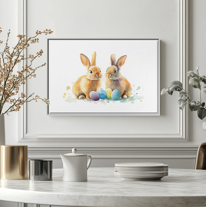 Easter Bunny Framed Canvas Art - Watercolor Rabbit Spring Decor