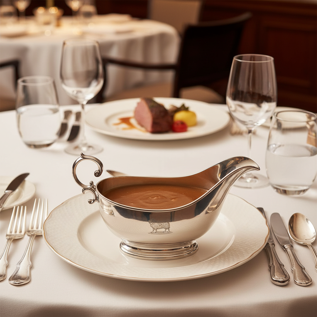 Classic English silver plate gravy boat with elegant, curved form, pedestal base, and traditional styling on a plate on table set for dinner.