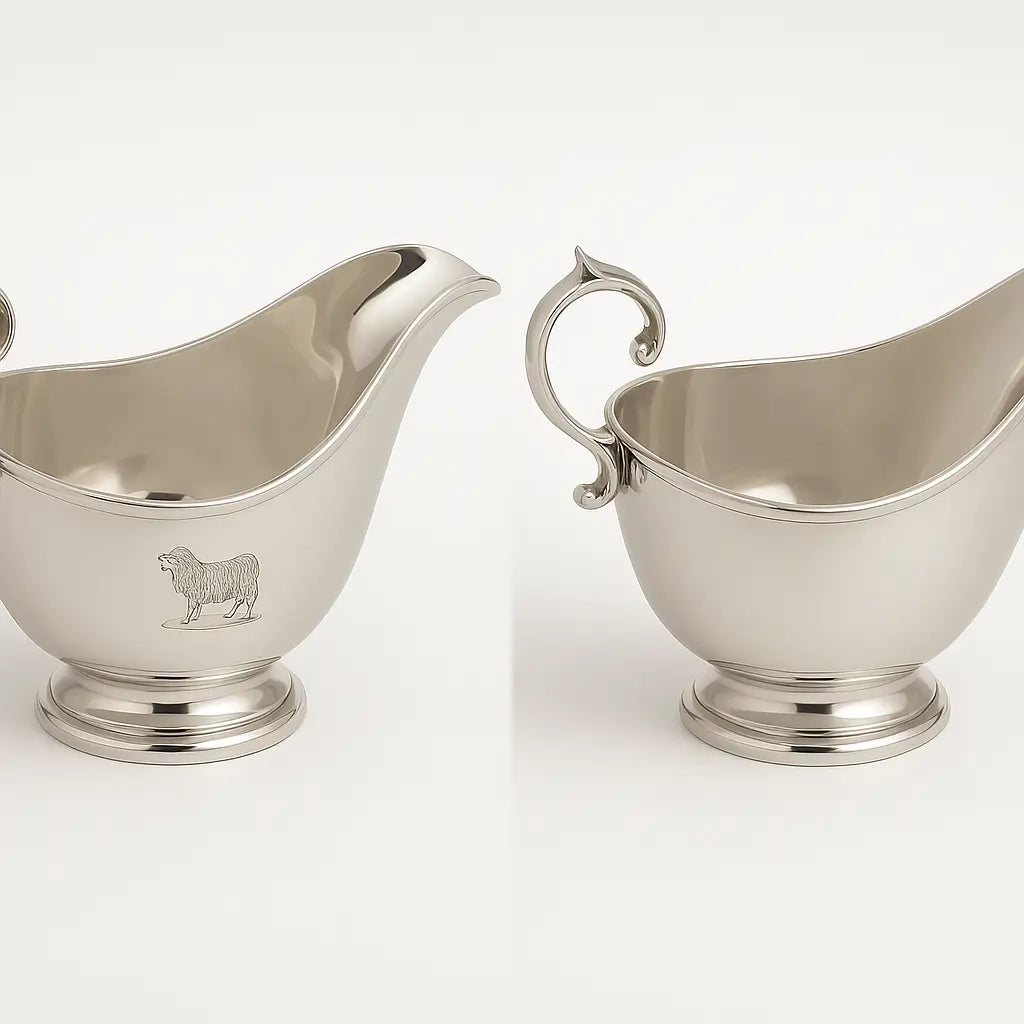 Angled view of English silver plate sauceboat highlighting scroll handle and curved pouring spout