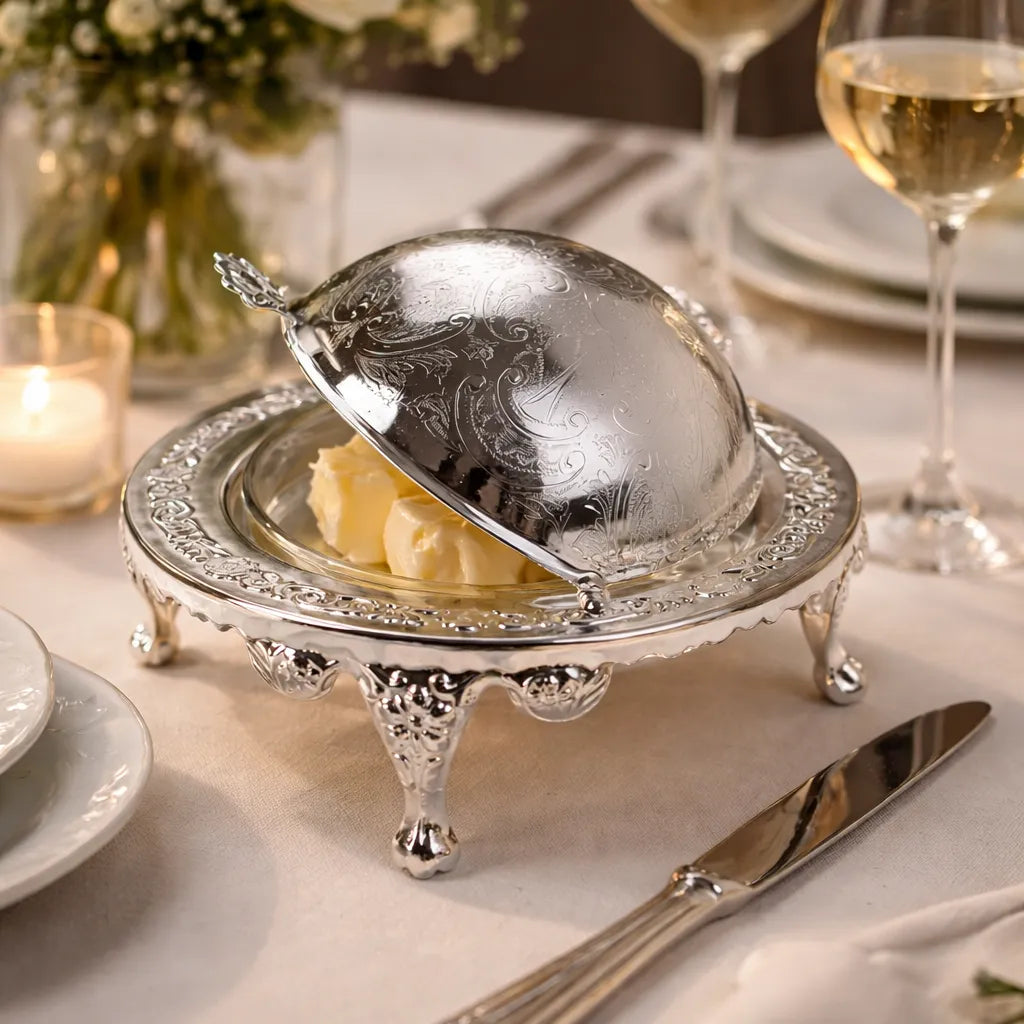 English silver plate revolving butter dish with domed lid and glass insert, elevated on legs for hotel style breakfast and tabletop service on a table setting with wine glasses and candles.