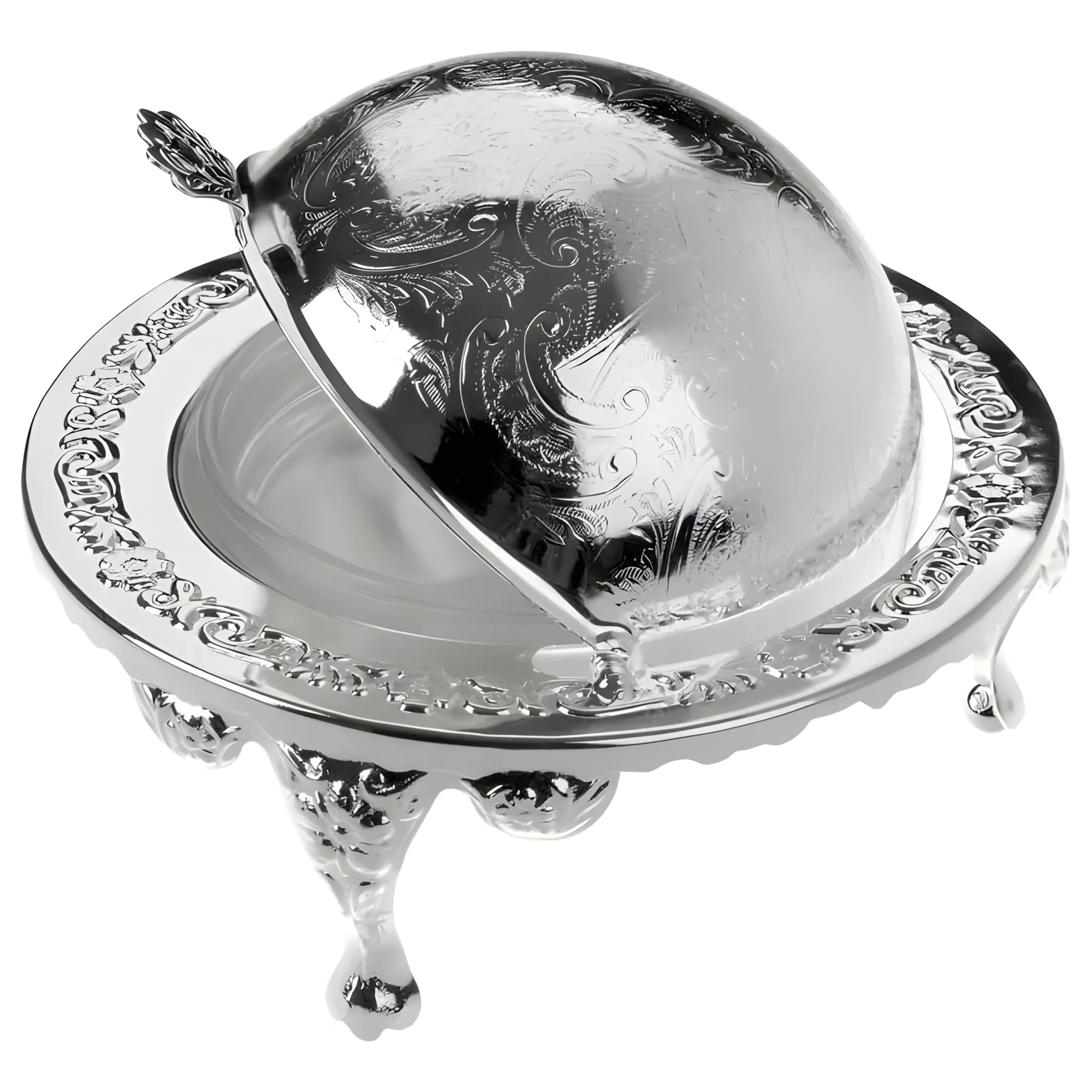 English silver plate revolving butter dish with domed lid and glass insert, elevated on legs for hotel style breakfast and tabletop service on a white background