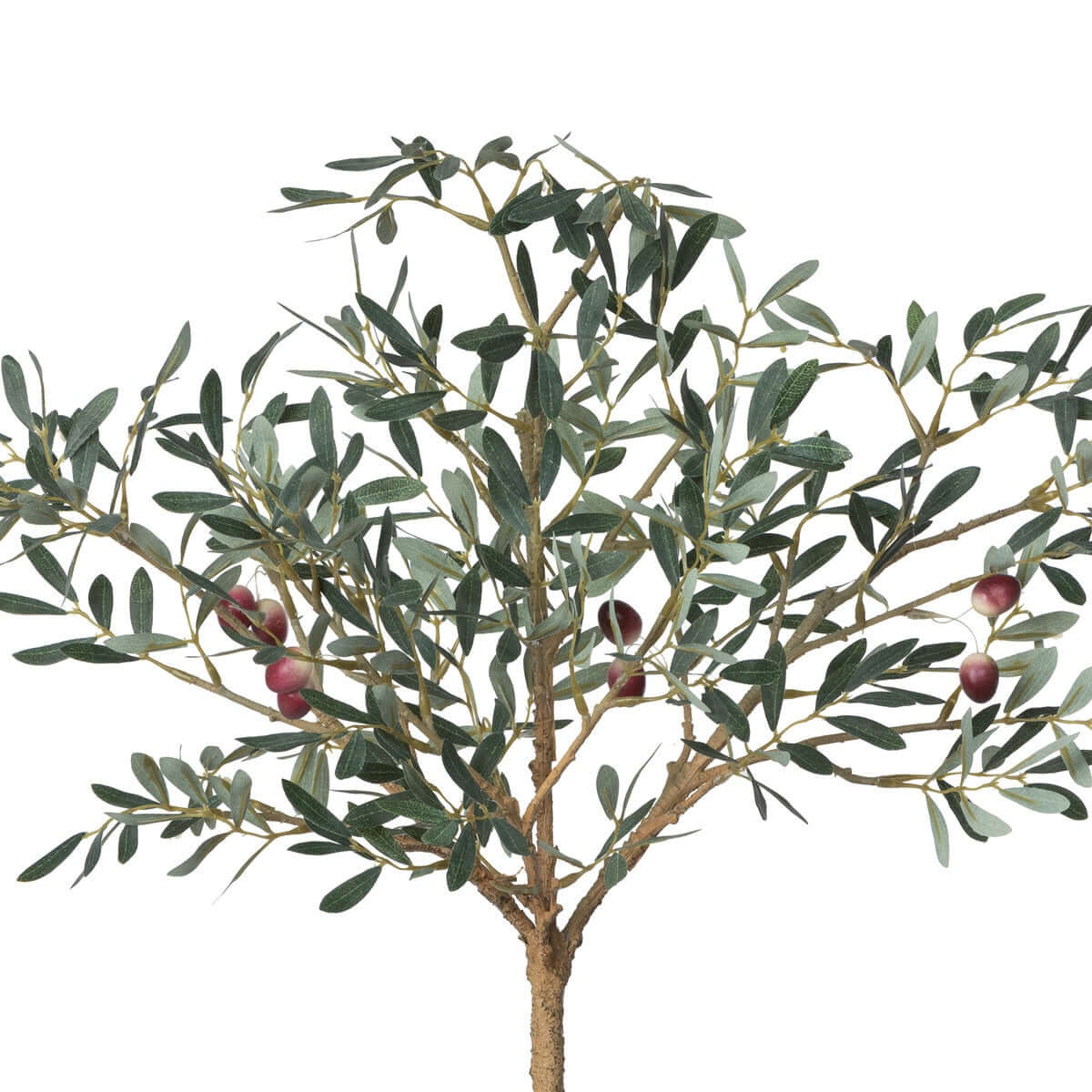 Artificial olive tree with green leaves and small red fruits on a white background