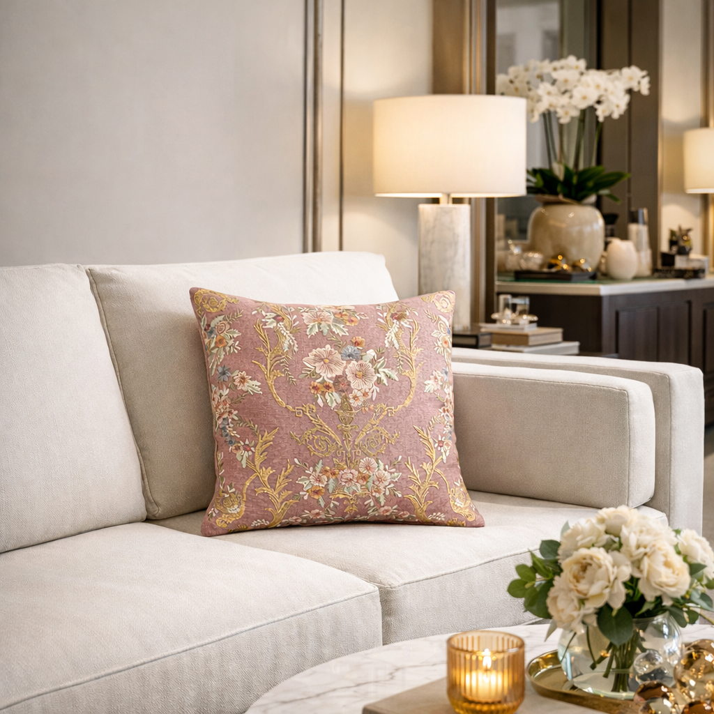 Fontainebleau Embroidered Linen Pillow Cover, 18 x 18
