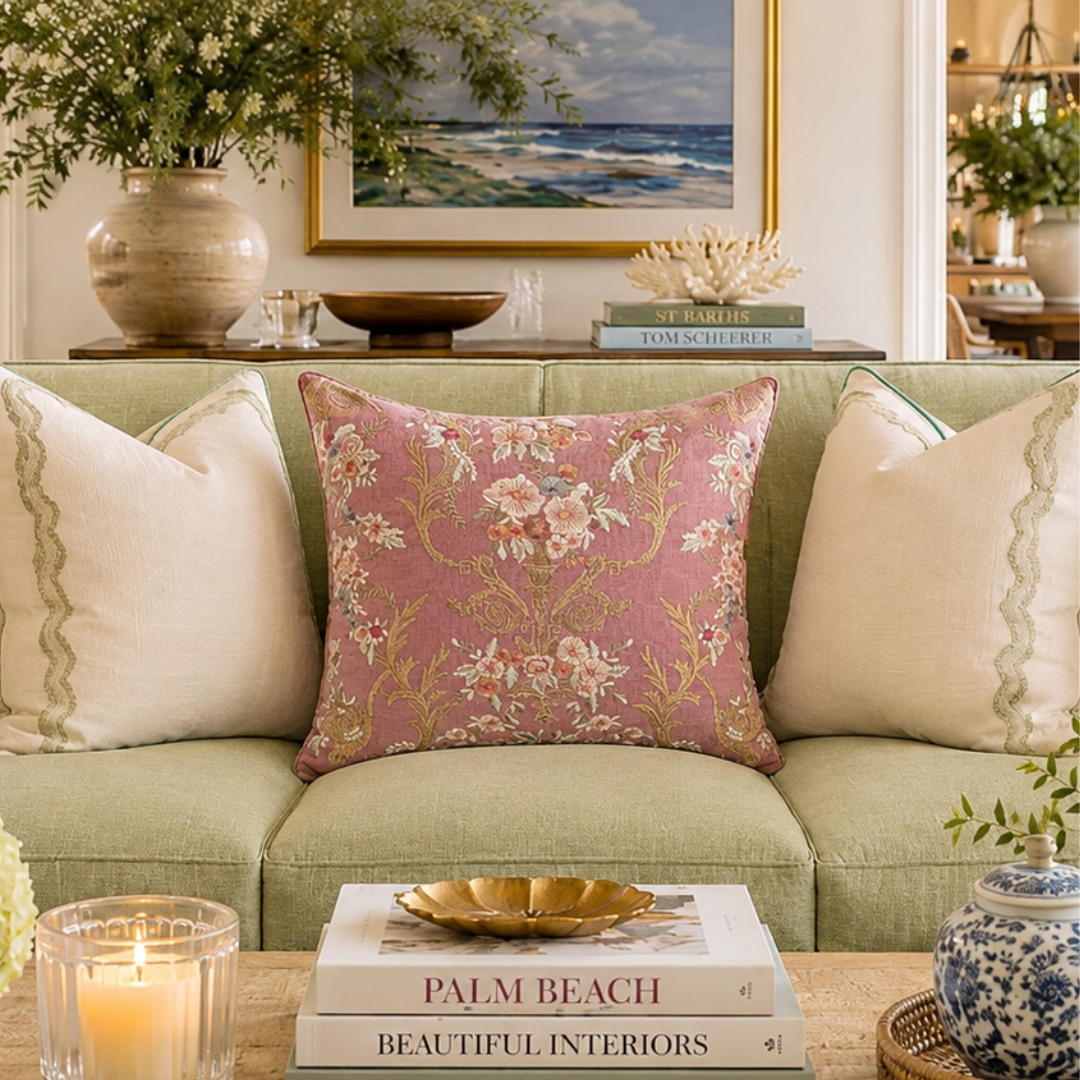 Fontainebleau Embroidered Linen Pillow Cover, 18 x 18
